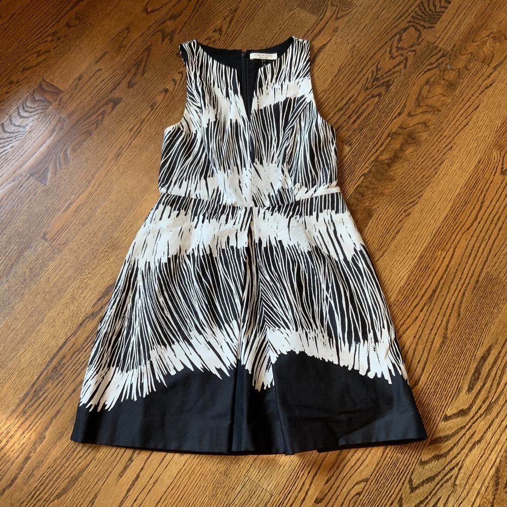 HALSTON HERITAGE V Neck Party Cocktail Dress Black White Sz 4 A Line‎ EUC